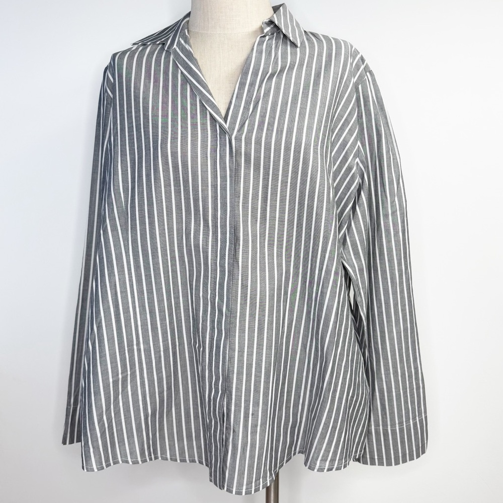 Ming Wang Grey White Striped Button Up Shirt‎ Long Sleeve 100% Cotton Size XL